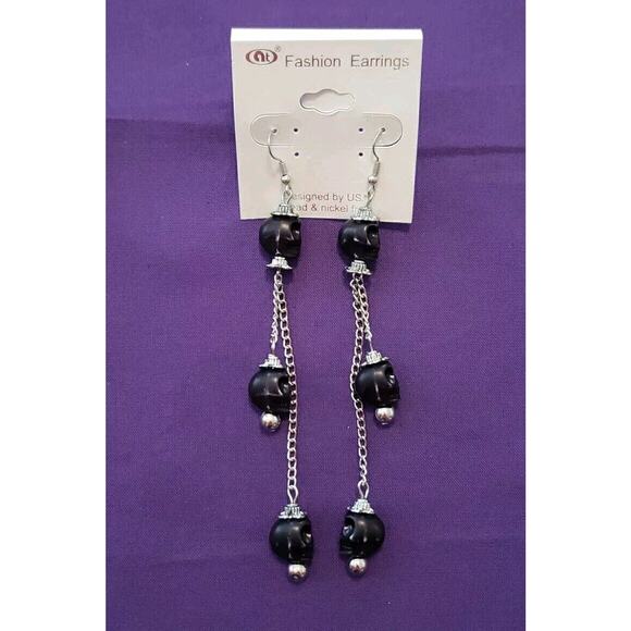 Black Skull Long Dangle Earrings Halloween Bikercore Punkcore Rocker Goth Boho - Picture 1 of 5